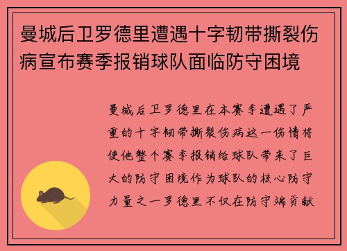 曼城后卫罗德里遭遇十字韧带撕裂伤病宣布赛季报销球队面临防守困境 曼城后卫罗德里遭遇十字韧带撕裂伤病宣布赛季报销球队面临防守困境